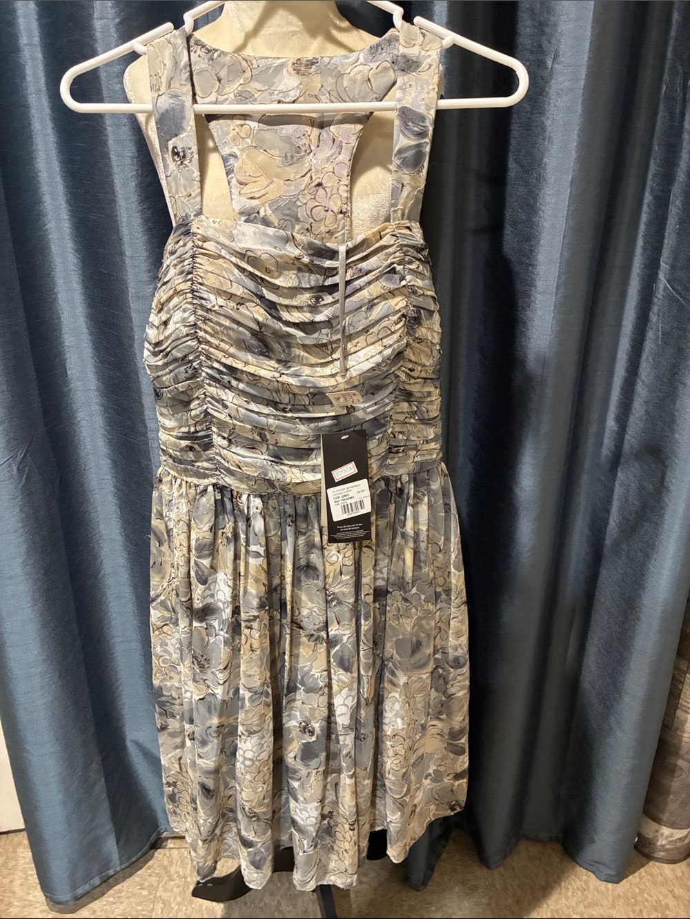 Sonia Baek Floral Ruched Midi Dress in Gray and Beige